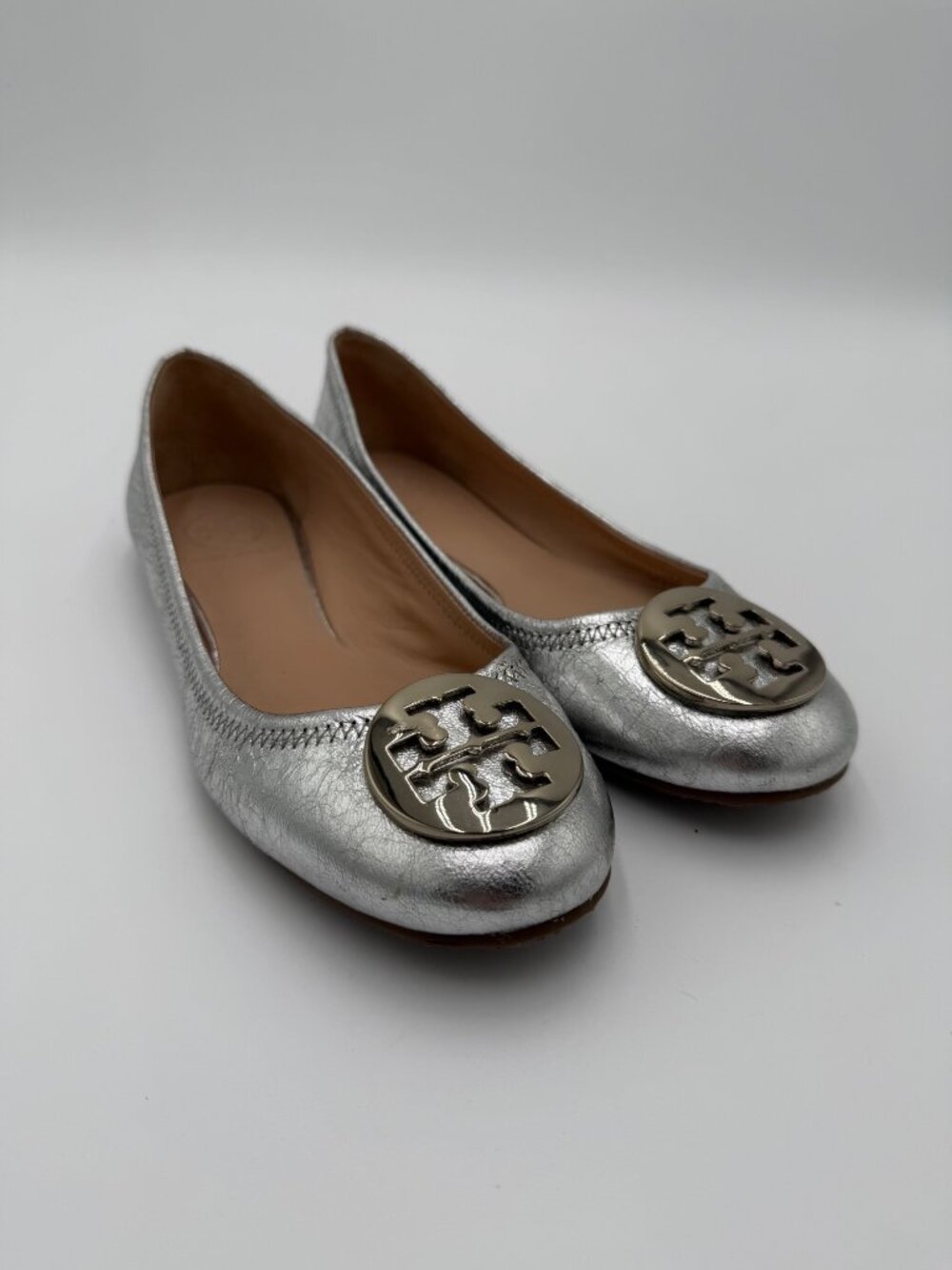 Tory Burch Silver Metallic Leather Minnie Ballet Flats Sz 8  Logo Hardware